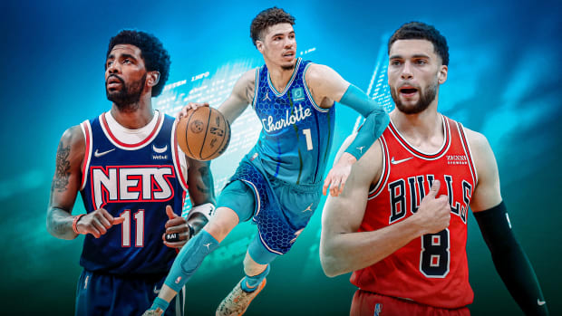 Kyrie Irving, LaMelo Ball, and Zach LaVine